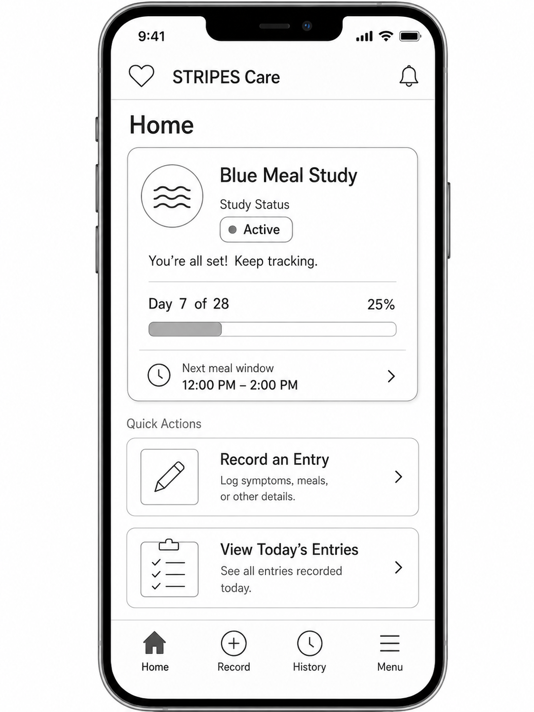 Greyscale mid-fidelity wireframe of the STRIPES Care home screen on a phone