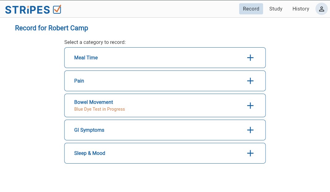 STRIPES Record screen showing category list